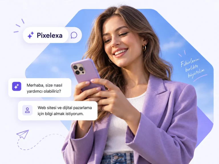 Telefonuyla Pixelexa asistanına yazan gülümseyen kadın